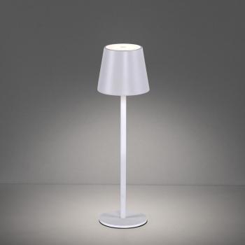 Lámpara de mesa exterior LED recargable blanca con regulador táctil Maham, IP54, fabricada en hierro