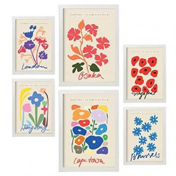 Set de 6 Pósters Florales con Estética Collage para Decoración de Interiores en Tamaños A3 y A4 con Marco Blanco