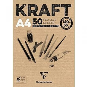 Clairefontaine 975815C Bloc Encollé Papier Kraft - 50 Feuilles Papier Kraft Vergé Brun A4 21x29,7 cm 120g - Papier Double Face pour le Croquis et le Dessin