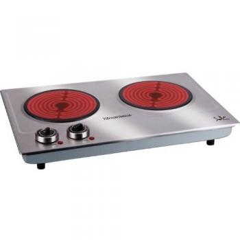 Jata V532 Cocina Eléctrica Vitrocerámica 2 Fuegos con Dos Placas de 18 cm Cuerpo de Acero Inoxidable 2 Termostatos Regulables de Temperatura 2400 W [Clase de eficiencia energética A]