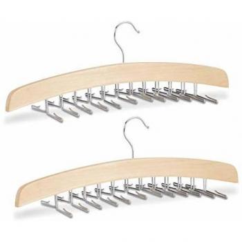 Soporte para Corbatas de Madera de Loto, 2x Perchas con Ganchos Metálicos para 24 Corbatas, Ahorra Espacio, Gancho Rotatorio 360°, Natural/Plateado