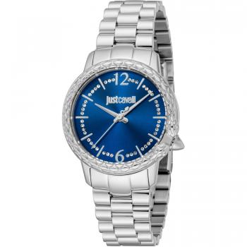 Just Cavalli Women's Analog Watch - Gray Silver Strap, Blue Dial, Animalier Tenacious Design