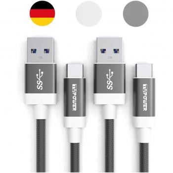 K05 - 2 x Cables USB Tipo C - 3.1 a 3.0 A - Cable de Carga con Cable de Datos Nylon Tipo C para Samsung Galaxy S9 S8 Plus, A8 + 2018 A7 A5 A3 2017 Tab S3 Note 8 HTC U11 LG G6 - 1 m - Gris