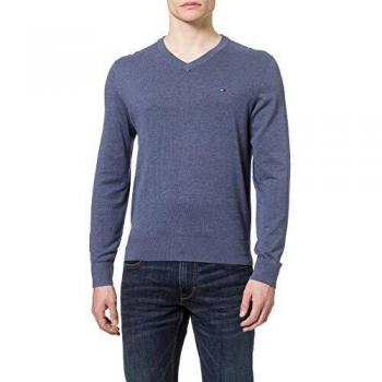 Tommy Hilfiger Organic Cotton Blend V Neck Suéter, Faded Indigo Heather, XL para Hombre