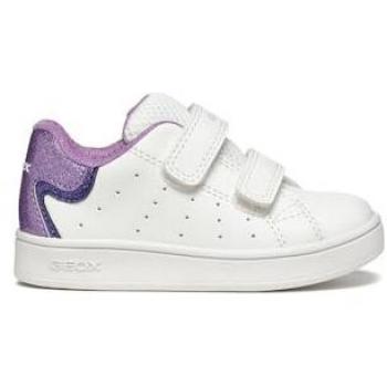 Geox Zapatillas B Eclyper A Blanco Niña con diseño blanco y lila, cierre de velcro, suela antideslizante, material transpirable y plantilla acolchada