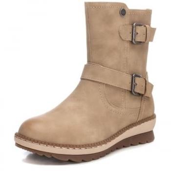 Botines REFRESH para mujer, color beige, con hebillas, caña media, cómodos, suela antideslizante, estilo casual para invierno, planos con cremallera lateral