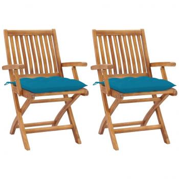 Teak Wood Garden Chairs Set of 2 with Light Blue Cushions