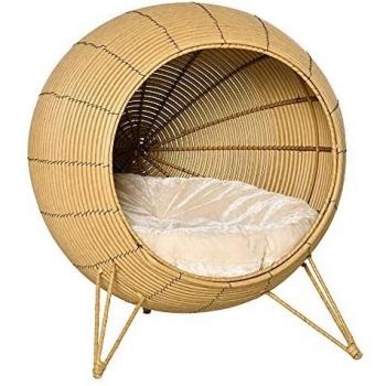 Pawhut Cama de Ratán para Gatos Cueva de Mimbre para Gatos Mascotas Pequeñas con Cojín Acolchado Suave y Base Trípode Diseño Elevado Ø52x58 cm Marrón Claro
