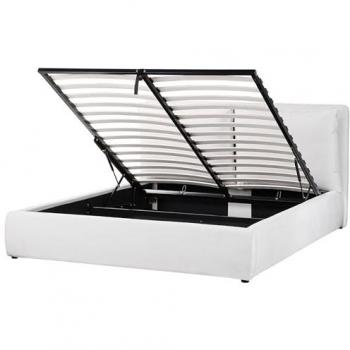 Cama King Size Ottoman de Terciopelo Blanco Crema 160 x 200 cm con Almacenaje y Respaldo Acolchado