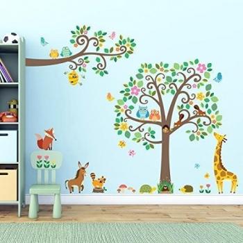 Decowall,DM-1502P1512,Gran árbol de desplazamiento y de los animales y de la voluta Ramas y Animales cascara y etiquetas de la pared del cuarto de ninos del palillo pegatinas