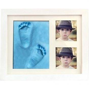 Marco a photo bebé en madera de alta calidad Bebé para fotos y huellas de mano y pie de niño marco Huella de fotos 3 partes Set Frame blanco Blanc+Bleu Clair