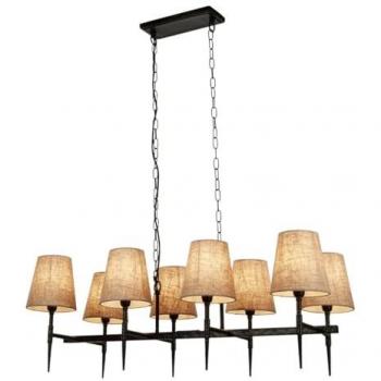 Lámpara colgante industrial gótica de 8 luces E14 en acero negro martillado con pantalla de lino natural