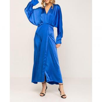 Vestido maxi de raso de manga murciélago y cuello pico cruzado