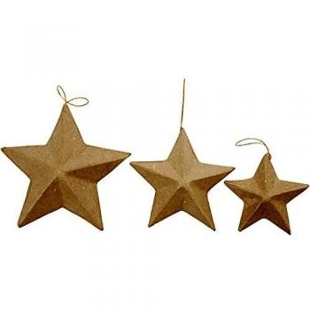 Estrellas decorativas de papel maché, 5 puntas, marrón, 7,5-10-12,5 cm, 6 piezas para colgar