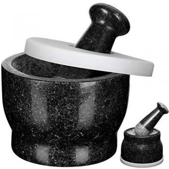 COSYLAND Mortero y mortero de granito natural duradero, gran capacidad, utilizable de doble cara, triturador para especias y hierbas de cocina, con 2 bases de silicona antideslizantes, negro