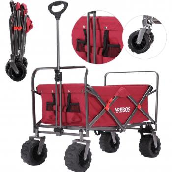 AREBOS Carro de Mano Plegable Rojo - Carrito de Playa y Jardín - Carga hasta 100 kg - Barra Telescópica para Empujar - Ruedas Giratorias de 360°
