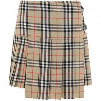 Burberry Women's Pleated Check Wool Mini Kilt in Beige | Size 8 | 8025832