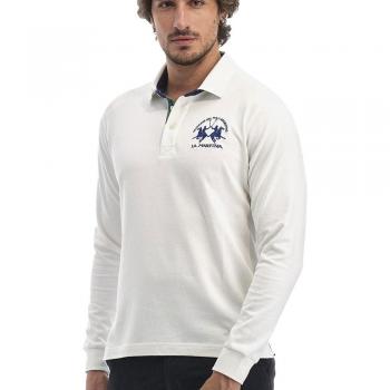 La Martina White Cotton Polo Shirt - 4XL, Male, Long-Sleeve, Logo Embroidered, Size: 4XL