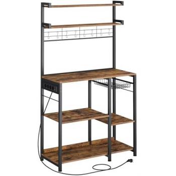 Estantería de cocina VASAGLE con soporte para microondas, barra café, 4 tomas de enchufe, estantes ajustables, 8 ganchos en S, cesta de rejilla y especiero en marrón r