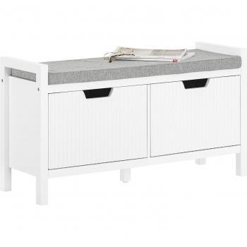 Banco zapatero de almacenamiento SoBuy FSR146-W, con 2 puertas, cojín de asiento acolchado, dimensiones 91 x 30 x 50 cm, color blanco y diseño con rayas verticales