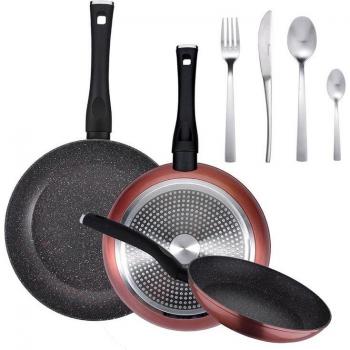 Pack de 3 sartenes ø20/24 y 28 cms + set de 16 piezas de cubertería en acero inoxidable – SAN IGNACIO