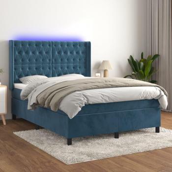 Cama Box Spring con Colchón y LED Terciopelo Azul Oscuro 140x190 cm