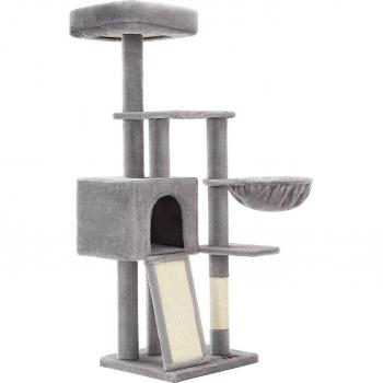 Árbol para gatos pequeños de 135 cm, rascador multinivel con felpa, cubierta lavable, cesta y cueva en gris claro