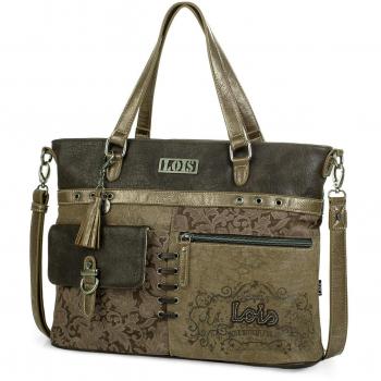 Lois - 95140 Bolso Cartera Portadocumentos Tipo Mensajero 15 para portátil con Bandolera Ajustable y Doble asa. Bolsillos Exteriores. Llavero. Lona - Piel sintética Polipiel, Color Marron-Dorado