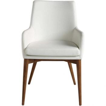 Silla de comedor tapizada en polipiel blanca con base de nogal, dimensiones 57 x 64 x 88 cm