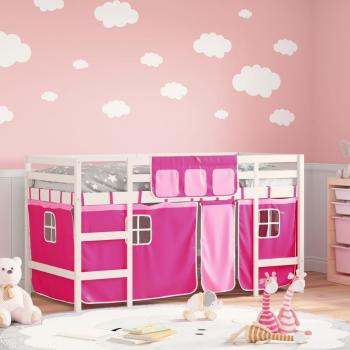 Cama alta para niños con cortinas de madera de pino rosa 80x200 cm