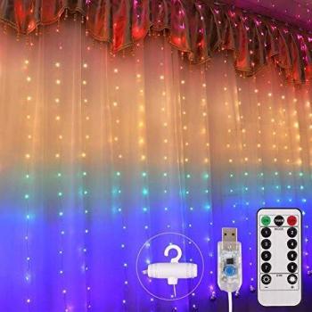 Cortina Luces LED 2x1.5m 200 LED,USB con Control Remoto, Pulchram Cadena de Luz Decoración Navideña,8 Modos y Temporizador,Luz de Noche para Jardín,Boda,Dormitorio,Fiesta, árbol