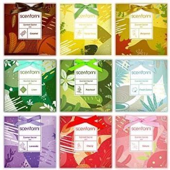 SCENTORINI 9 bolsitas de Fragancia de 30 g para cajones, armarios, Cereza, algodón Fresco, pachulí, Caramelo, Sakura, bergamota, Lavanda, Lino, ylang-ylang