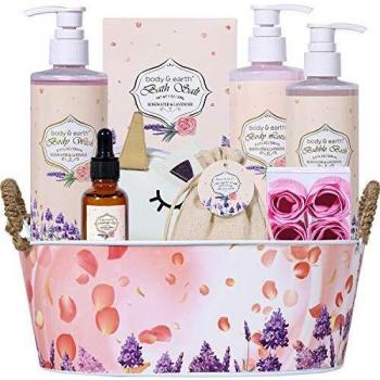 Regalo de Spa Hogareño para Ella - Body&Earth Cesta de Regalo de 9 Piezas a Rosa y Lavanda, Inclute Baño de Burbujas, Loción Corporal, Lufa de Baño y Más, Regalos Originales