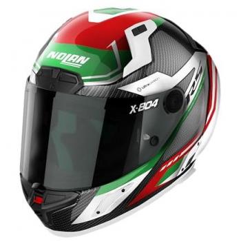 Nolan Casco Integral X-804 RS Ultra Carbon Rojo-Verde-Blanco, Casco Integral, diseño aerodinámico, material de carbono ultra ligero, sistema de ventilación avanzado, visera anti-rayaduras y antivaho, interior