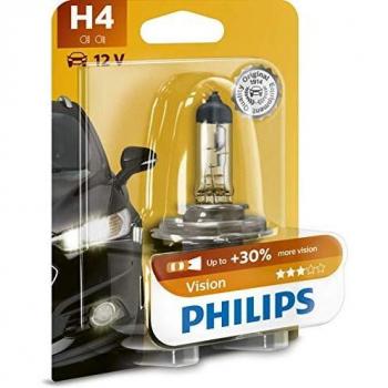 Philips Vision H4 - Bombilla de Faros Delanteros 12V 60/55W P43t-38 para Coche y Moto, Luz Mejorada en un 30%