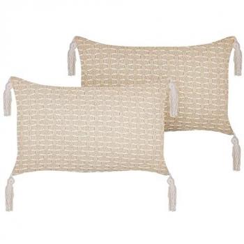 Conjunto de 2 Cojines Geométricos Beige Claro 25 x 45 cm con Borlas y Funda Desmontable