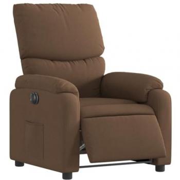 Sillón eléctrico reclinable de tela marrón con respaldo, reposabrazos, diseño orejero, asiento ajustable y funcionalidad de relax para descanso y ver televisión