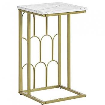 Mesa Auxiliar Cuadrada Blanca con Efecto Mármol y Base Dorada de 30 x 30 cm, Metal y MDF