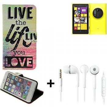 360° Funda Smartphone para Nokia Lumia 1020, 'live the life you love' + auriculares | Wallet case flip cover caja bolsa Caso Monedero BookStyle - K-S-Trade