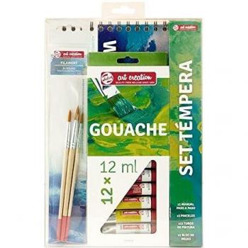 Talens Art Creation Set Témpera 12 tubos 12 ml, bloc de papel A4, pinceles, manual paso a paso