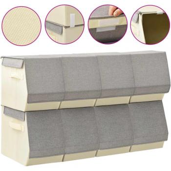 Cajas de almacenaje apilables con tapa 8 uds tela gris y crema