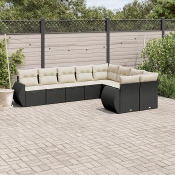 9-Piece Black Poly Rattan Garden Sofa Set with Cushions