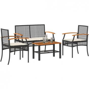 4-Piece Black Poly Rattan Garden Lounge Set with Cushions