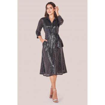 Black Sequin Skater Shirt Dress