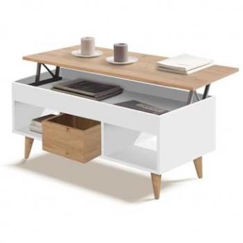 Mesa Centro Elevable con Cajón Deslizante y Huecos de Almacenaje, Color Blanco y Madera, 100x50x47cm