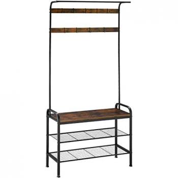 Perchero con banco zapatero Tectake - Perchero de estilo industrial con nueve ganchos extraíbles, barra ropero y práctico banco con dos estantes metálicos de rejilla, dimensiones 85,5x36x184