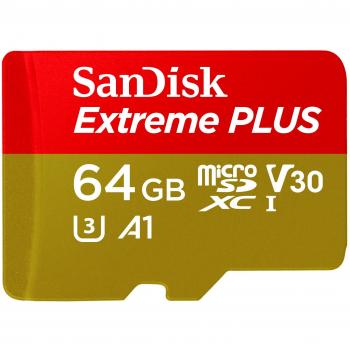 SanDisk Tarjeta de Memoria Extreme Plus 64 GB microSDXC para Smartphone, tabletas y cámaras MIL + Adaptador SD, Velocidad de Lectura hasta 100 MB/s, Clase 10, U3, V30 y A1