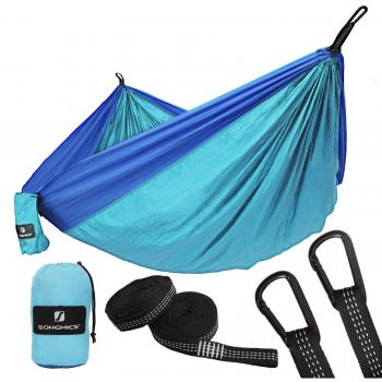 SONGMICS Hamaca de Camping, 275 x 140 cm, 300 kg Capacidad de Carga, Probado por el TÜV, con Correas Multi-Lazos y Mosquetones, Ligera, Secado Rápido, Transpirable, Azul Cielo y Azul Real GDC14BU