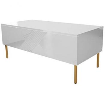Mesa de centro Merced A100, aglomerado laminado, blanco brillante, 120 x 55 x 49 cm, con sistema de apertura sin tiradores y dos compartimentos