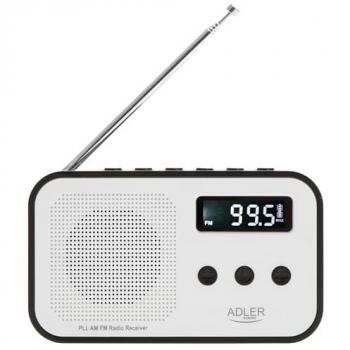 Radio Digital Portátil Adler AD 1907, AM/FM, Pantalla LCD, Antena Telescópica, Memoria para 40 Estaciones, Temporizador de Apagado Automático, USB Recargable, Blanco y Negro
